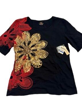 Vintage 90s NOS Jones New York Medallion Tee Beaded Red Gold Blk Size XL Stretch